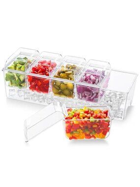 Clear Condiment Caddy With Lids 5 Compartment Garnish Tray Fruit Veggie Server